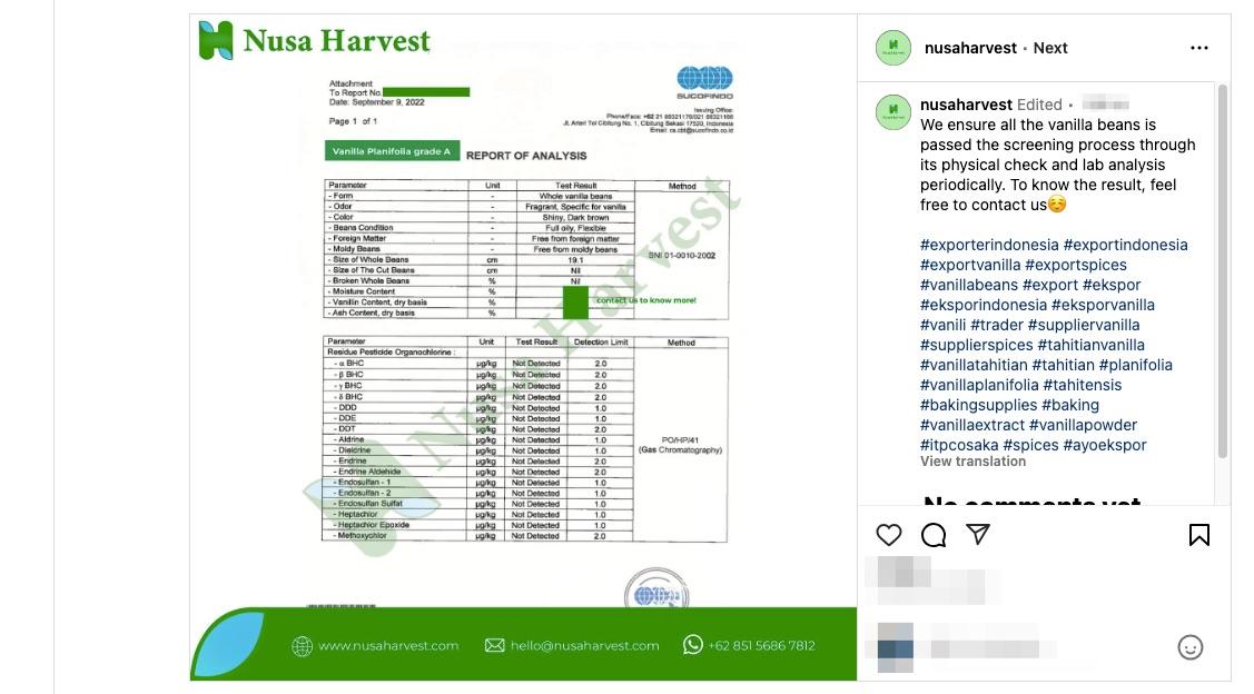 Instagram post from Nusa Harvest showing lab-analysis results