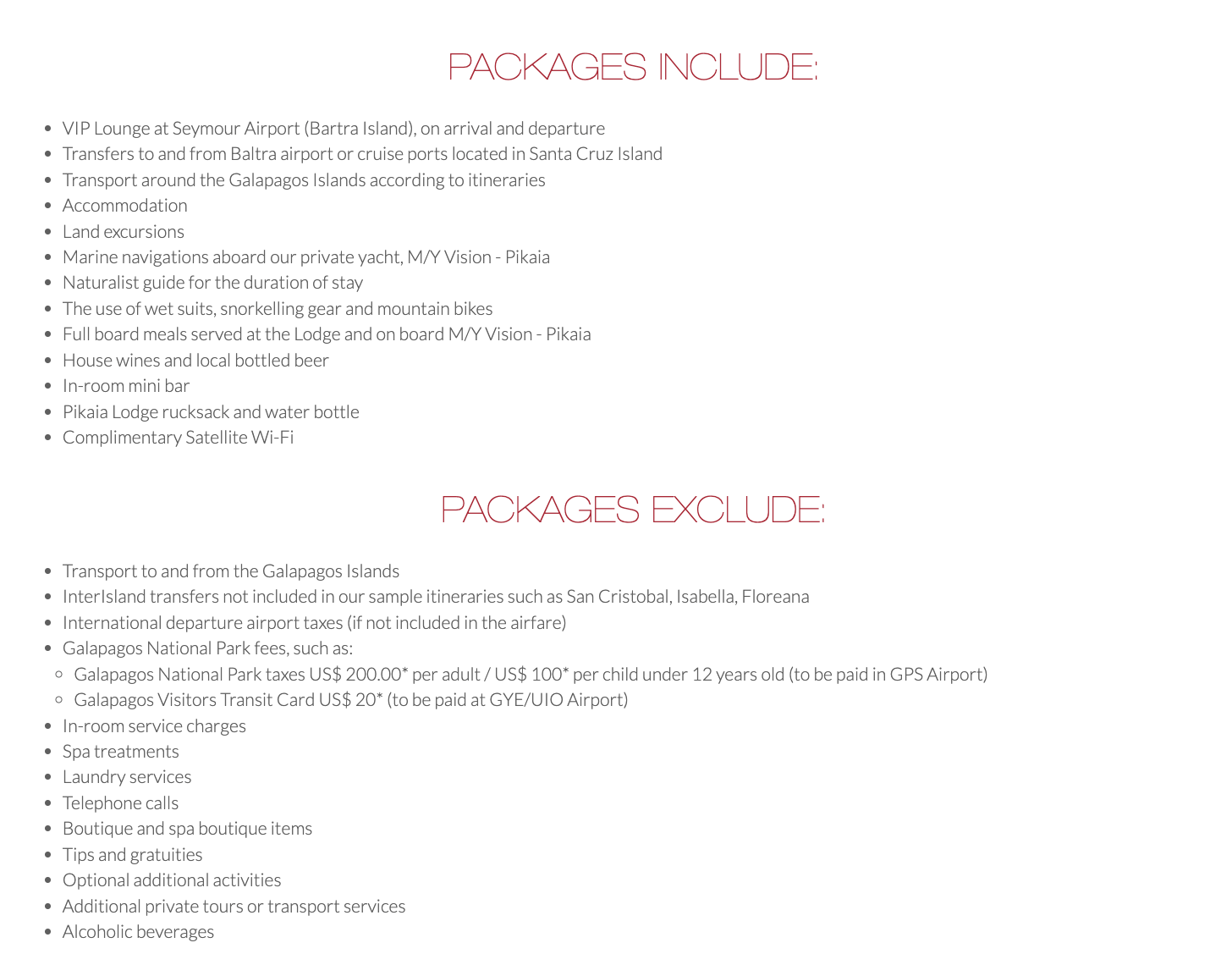 Inclusions and exclusions from luxury package prices