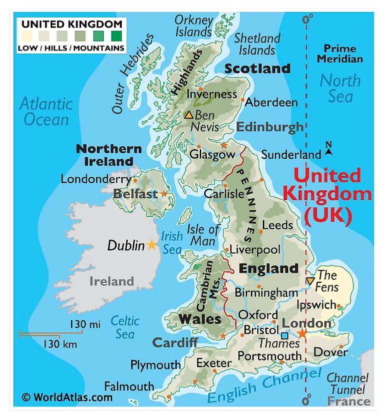 Map of the United Kingdom with major cities, neighbouring countries and surrounding