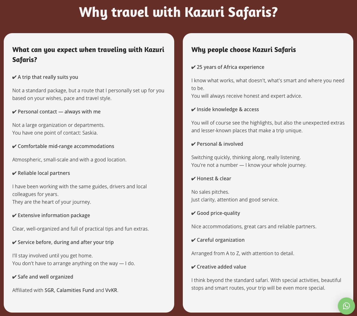 Outline of what customers can expect for Kazuri Safaris