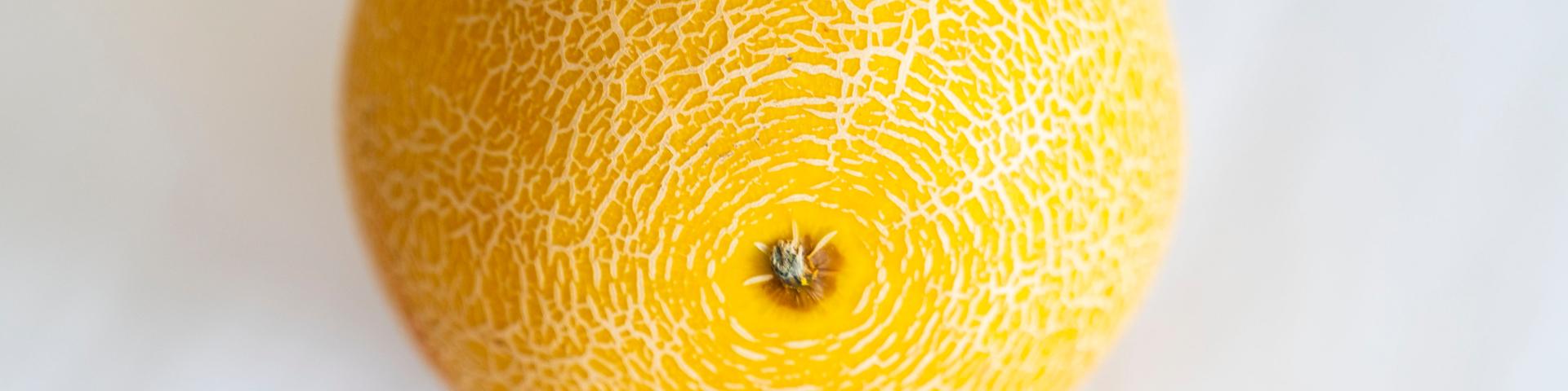 A fresh galia melon viewed from above against a white background