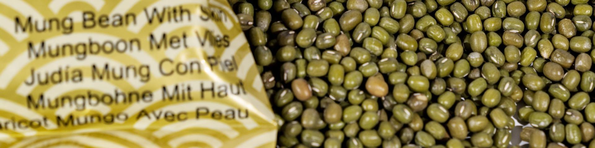 An opened bag of dried mung beans