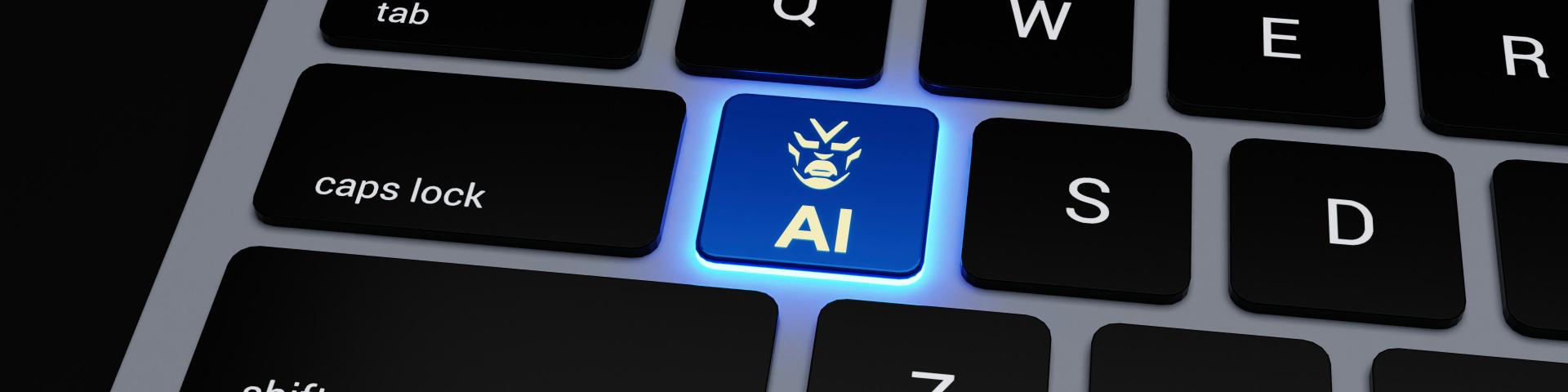 Black and silver computer keyboard with a blue 'AI' key lighting up