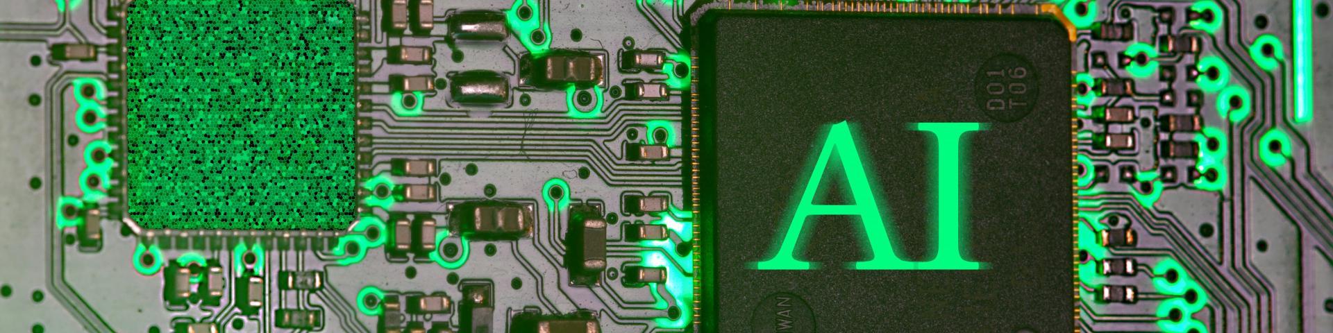 Computer chipboard with the abbreviation 'AI' lit up in green