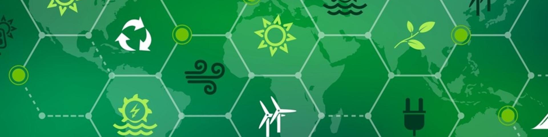 Green infographic with sustainability icons of the sun, wind power, water power, electricity and a tree branch