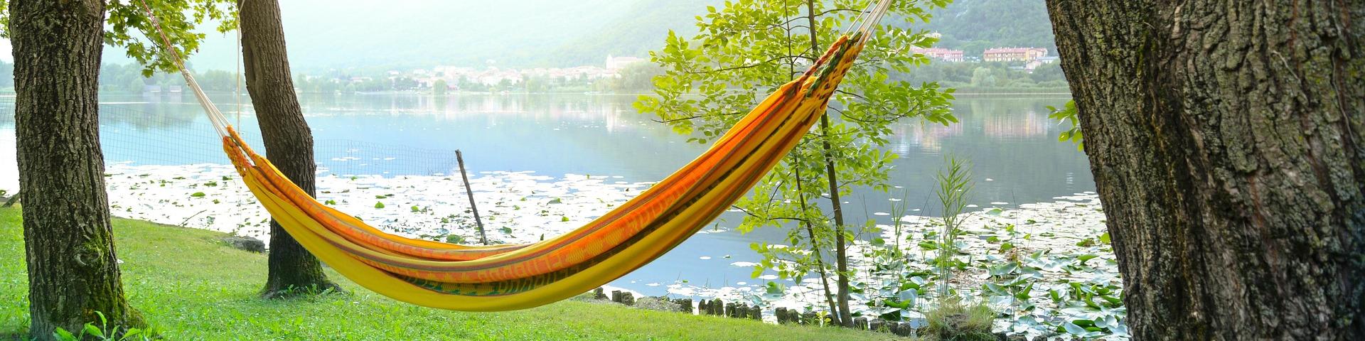 Hammock hanging from two trees with a lake and mountains in the background.