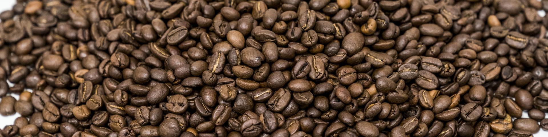 Mixed, roasted coffee beans against a white background