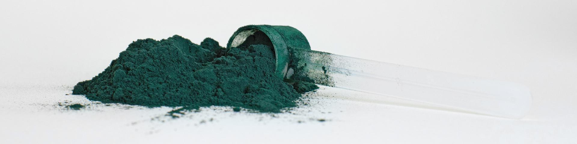 Spirulina powder alongside a dosing spoon