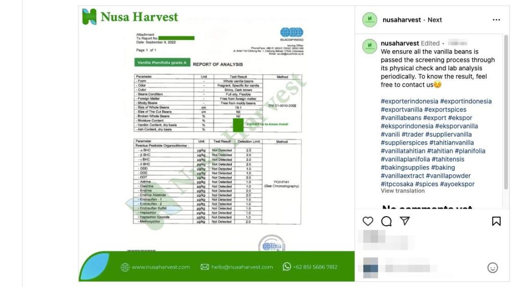 Figure 2: Instagram post from Nusa Harvest showing lab-analysis results