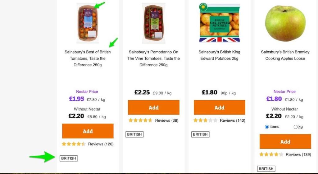 Figure 5: Fresh produce in Sainsbury with clear 'British origin' marking