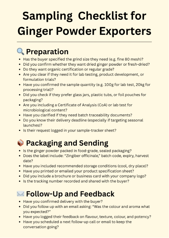 Figure 2: Example of a sample checklist for a ginger exporter