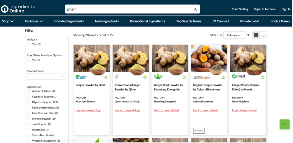 Figure 3: B2B e-commerce platform Ingredients Online 