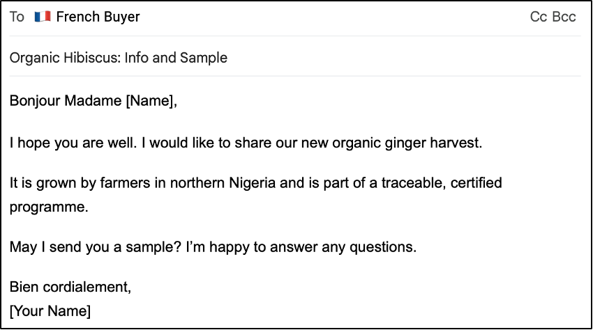 Figure 8: Example of a good email to a French buyer (after first contact has been made)