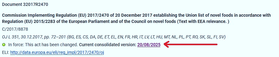 Figure 4 - EU Regulation that includes permitted uses for novel foods, including chia seeds