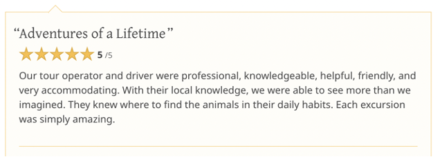 Example of a guest review on Safari Bookings