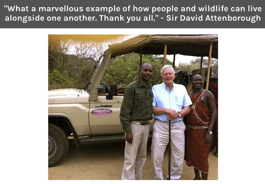 Photo of and quote by sir David Attenborough praising Gamewatcher Safaris
