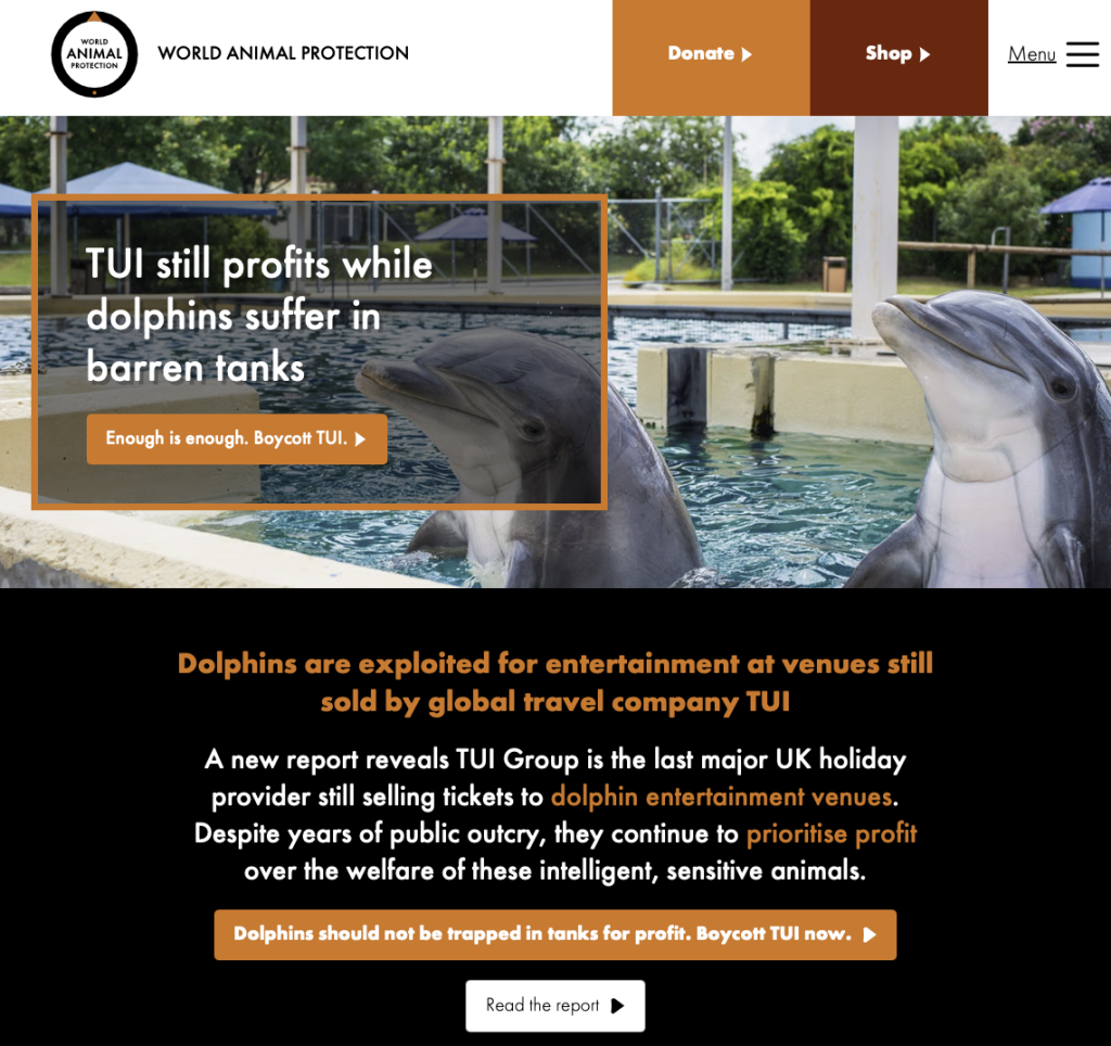 Page of the World Animal protection calling for a boycott against TUI
