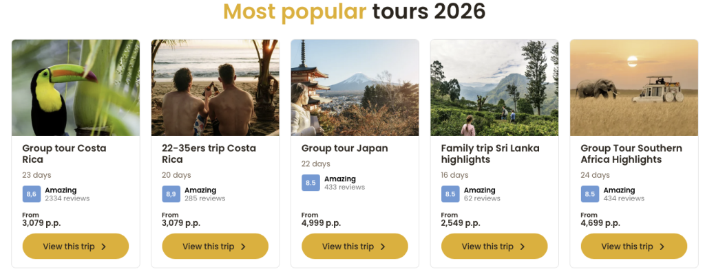 Screenshot of the website of Sawadee showing group tours