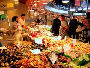 Refreshed cooked shrimp sold in La Boqueria Market, Barcelona