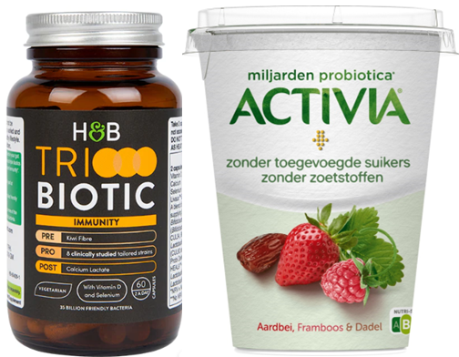 Product examples of probiotic supplements and yoghurts