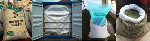 Examples of coffee packing: jute bag, container-sized flexi bag, GrainPro and Videplast liner