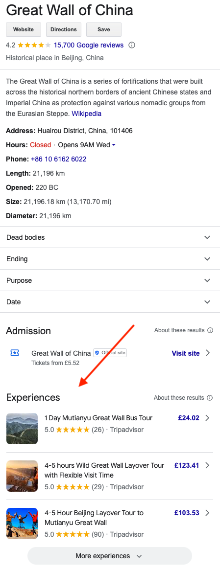 Experience listings on Google Things to Do