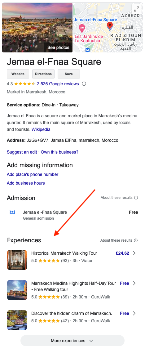 Experience listings on Google Things to Do