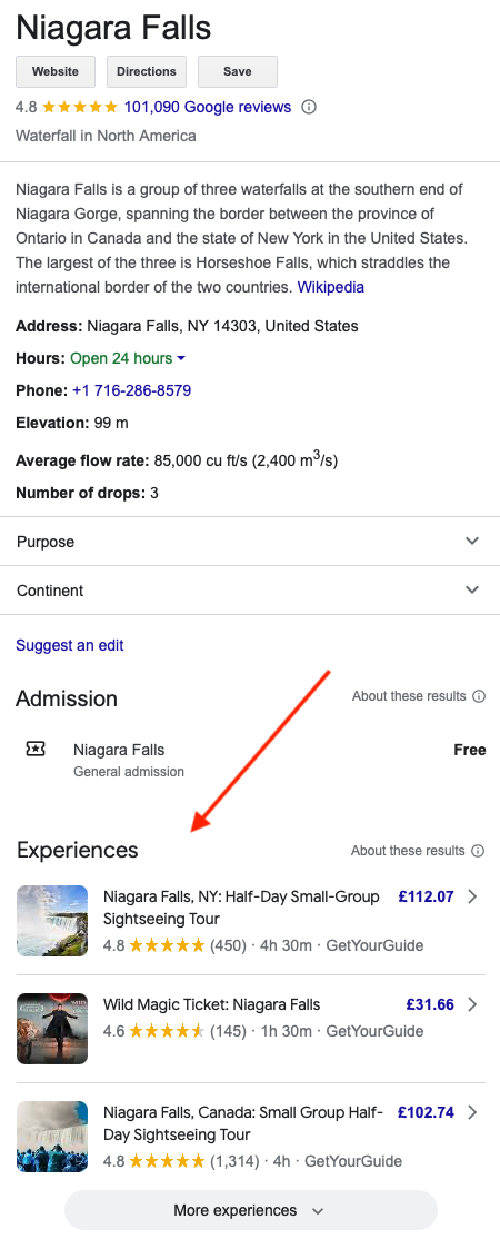 Experience listings on Google Things to Do