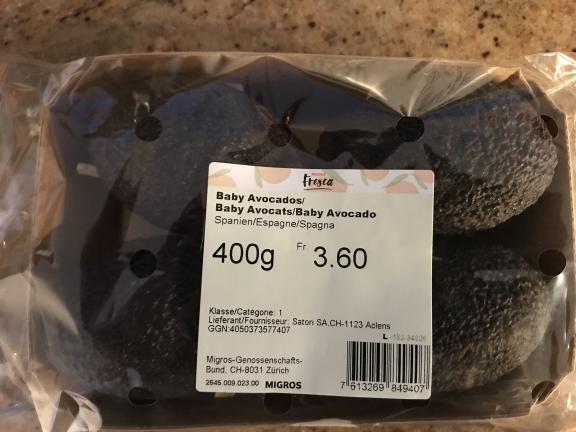 Baby Avocado in a carton tray and flow pack, in Migros Switzerland