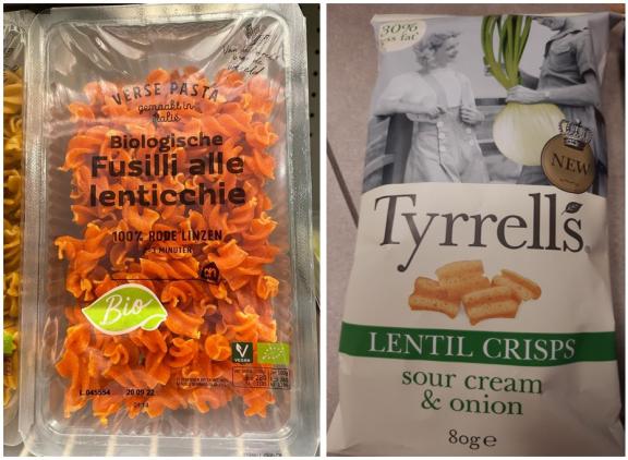 Fresh pasta and crisps based on red lentil flour