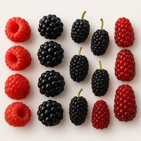 Figure 1: Raspberries, blackberries, mulberries and loganberries (from left to right)