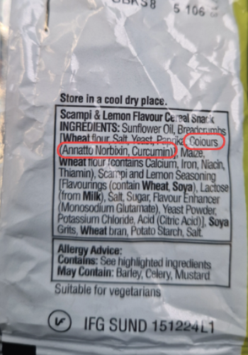 Figure 1 - Example of curcumin listed as a food colourant on a food product