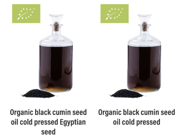 Figure 6 - Examples of bulk organic black cumin seed oil sold on the EU market