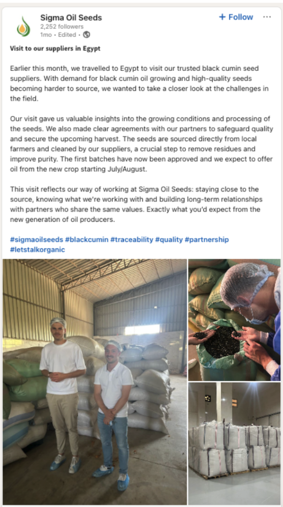 Figure 8 - Example of a European importer, Sigma Oil Seeds, visiting its black cumin seed oil suppliers in Egypt
