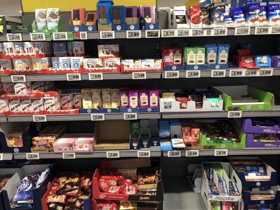 Private label brand BioBio (top-left corner) sold at Netto in Germany at the same price point as other chocolate products