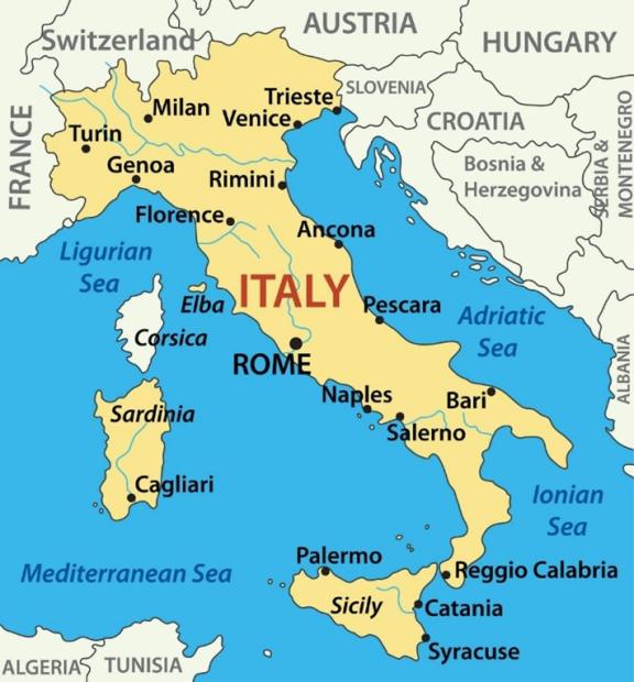 Figure 1 - Italy map with major cities, neighbouring countries and surrounding seas