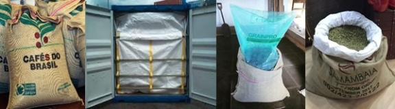 Figure 2 - Examples of coffee packing jute bag, container-sized flexi bag, GrainPro and Videplast liner