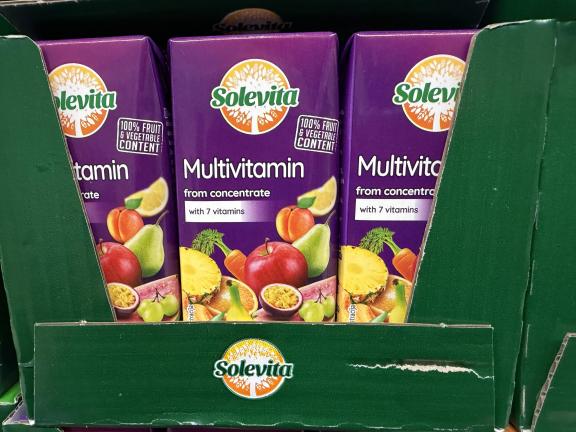 A 100% juice multivitamin product containing passion fruit concentrate