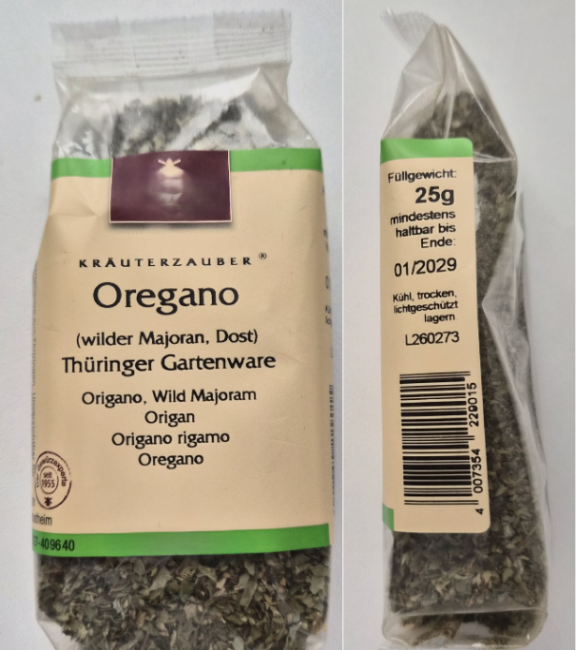 Consumer label of dried oregano