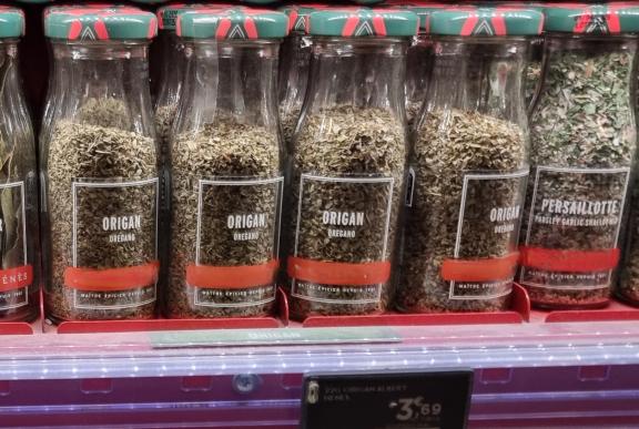  Dried oregano in a glass bottle in a French supermarket