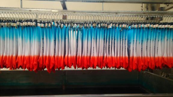 Curtains coloured red, white and blue