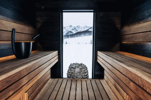 Interior shot of a sauna in a snowy area