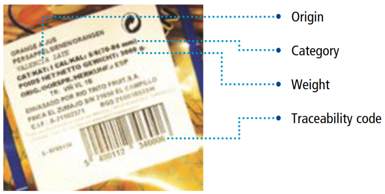 Label of oranges with traceability code