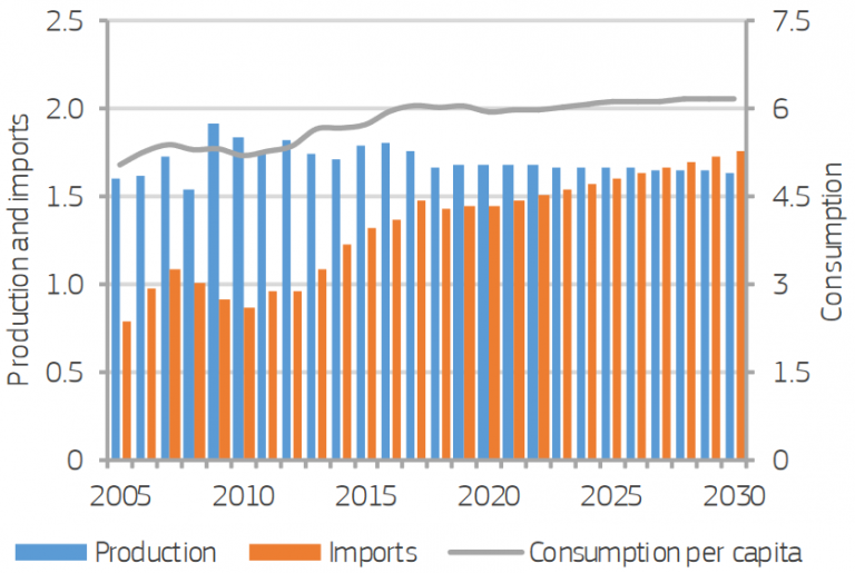 Rice production in and imports to the European Union (EU-27)