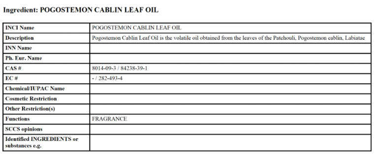 CosIng entry for patchouli oil