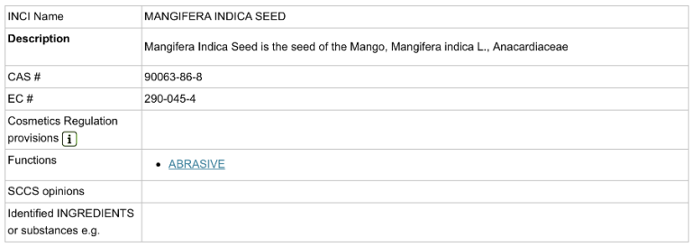 CosIng entry for mango seed