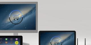 Digital design showing a computer screen, tablet and telephone, with a globe on the right-hand side