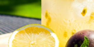 Glass filled with passionfruit drink